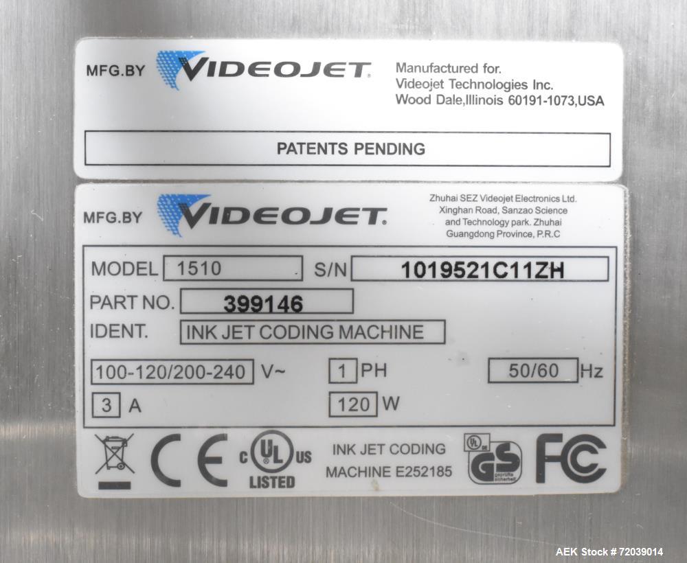 Used Video Jet Ink Jet Coding Machine, Model 1510. Capable of speeds up to 279 m/min (914 ft/min). Has a single print head with up to five lines of type. Communications: Ethernet and RS-232 Serial. 1...